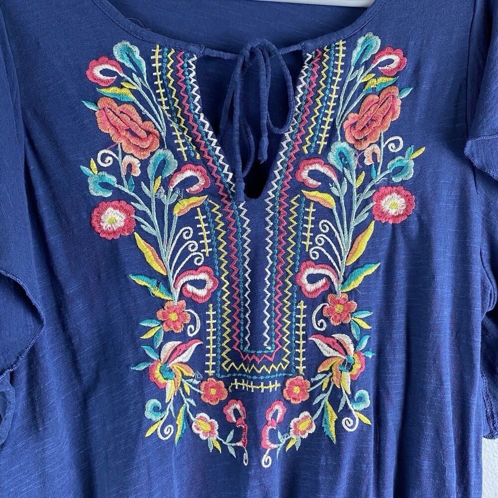 Anthro Ranna Gill Enesta Sz S Tie Frnt Blue Colorful Embroidery Long Flutter Slv - Picture 4 of 10